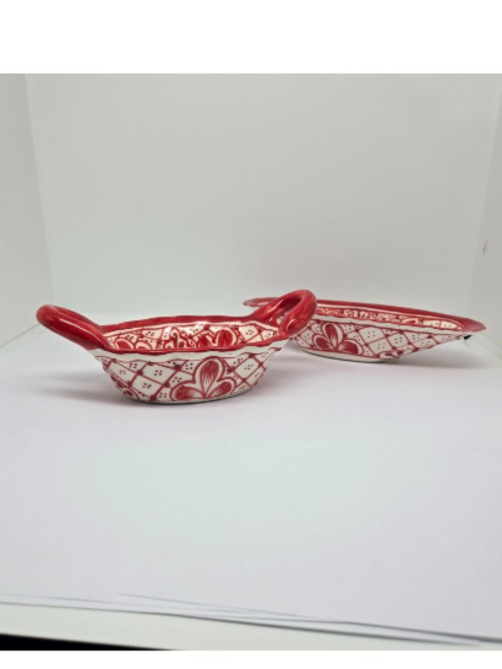 One Set Red & White Hand Painted Alba Mexican Oval Pottery Bowls